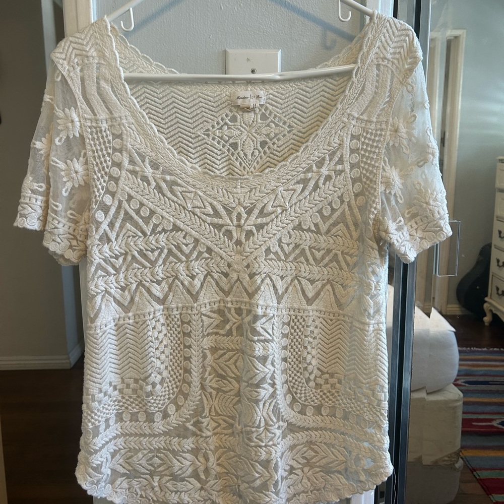 Anthropologie White Cropped Embellished Embroidered Blouse